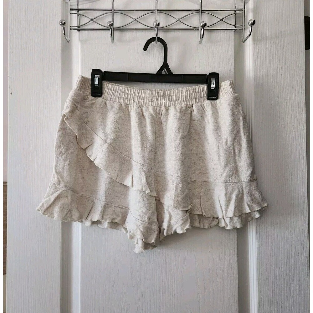 Allie Rose Women's Paperbag Waist Ruffle Hem Shorts‎ Beige Cotton Linen Size L